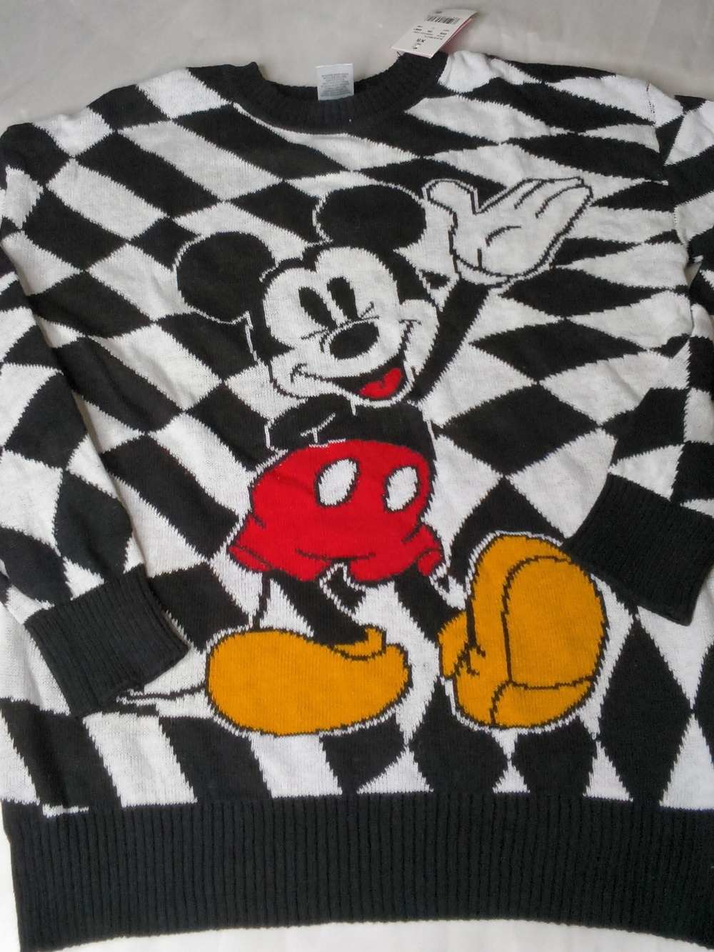 Disney Black & White Mickey Mouse Graphic Crewneck with Red and Yellow Accents